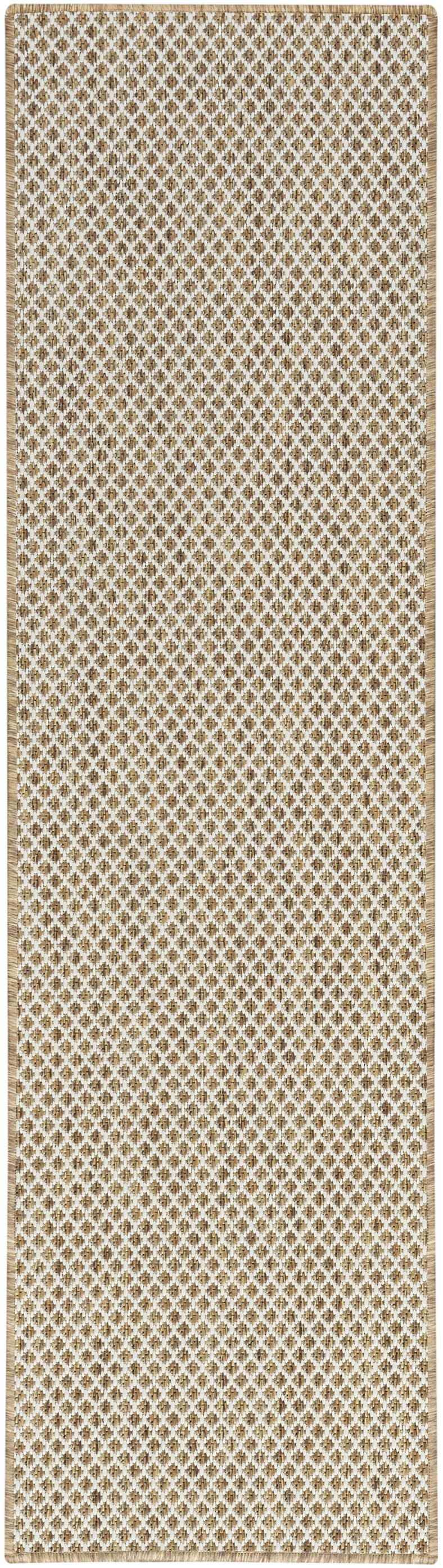 Close-up of the Nourison Courtyard Jute Ivory Modern Area Rug, showcasing its woven diamond pattern and chestnut border.