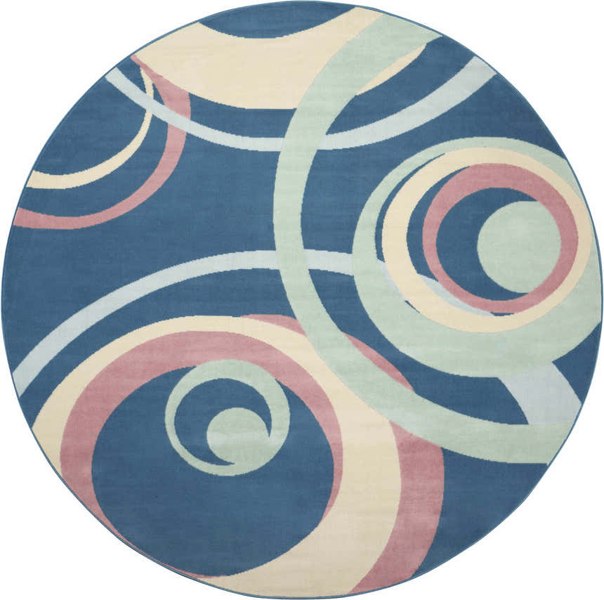 Round Nourison Grafix Blue Multicolor rug with eclectic circle pattern in blue, pink, cream, and mint.