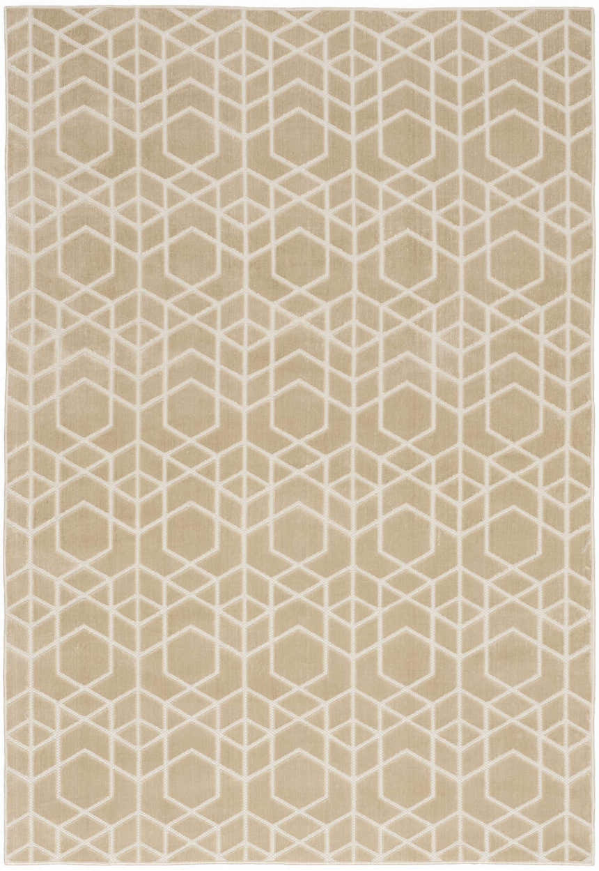 Close-up of Nourison Charm Beige Ivory rug. Geometric pattern with beige background and ivory lines. Mid-century modern style.