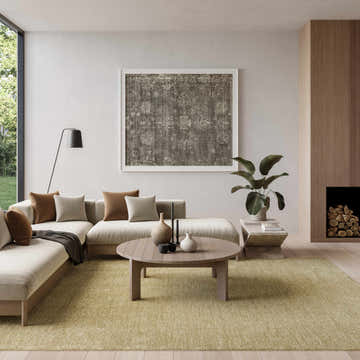 Living room scene with a beige sectional sofa and Nourison Moonlit Green Vintage Indoor Area Rug.