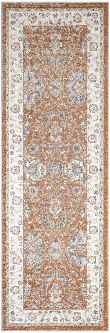 Close-up of Nourison Astra Rust Ivory Vintage Rug. Chestnut, ivory, and blue floral pattern. Machine-made, washable rug.