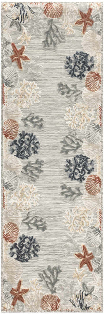 Close-up of Nourison Suncoast Grey Multicolor rug, featuring a coastal design with seashells, coral, and starfish.