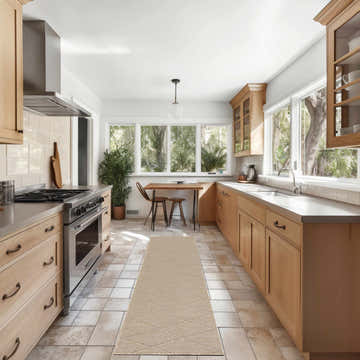 Bright kitchen with wood cabinets and Nourison Solutions Natural Modern Washable Area Rug runner.