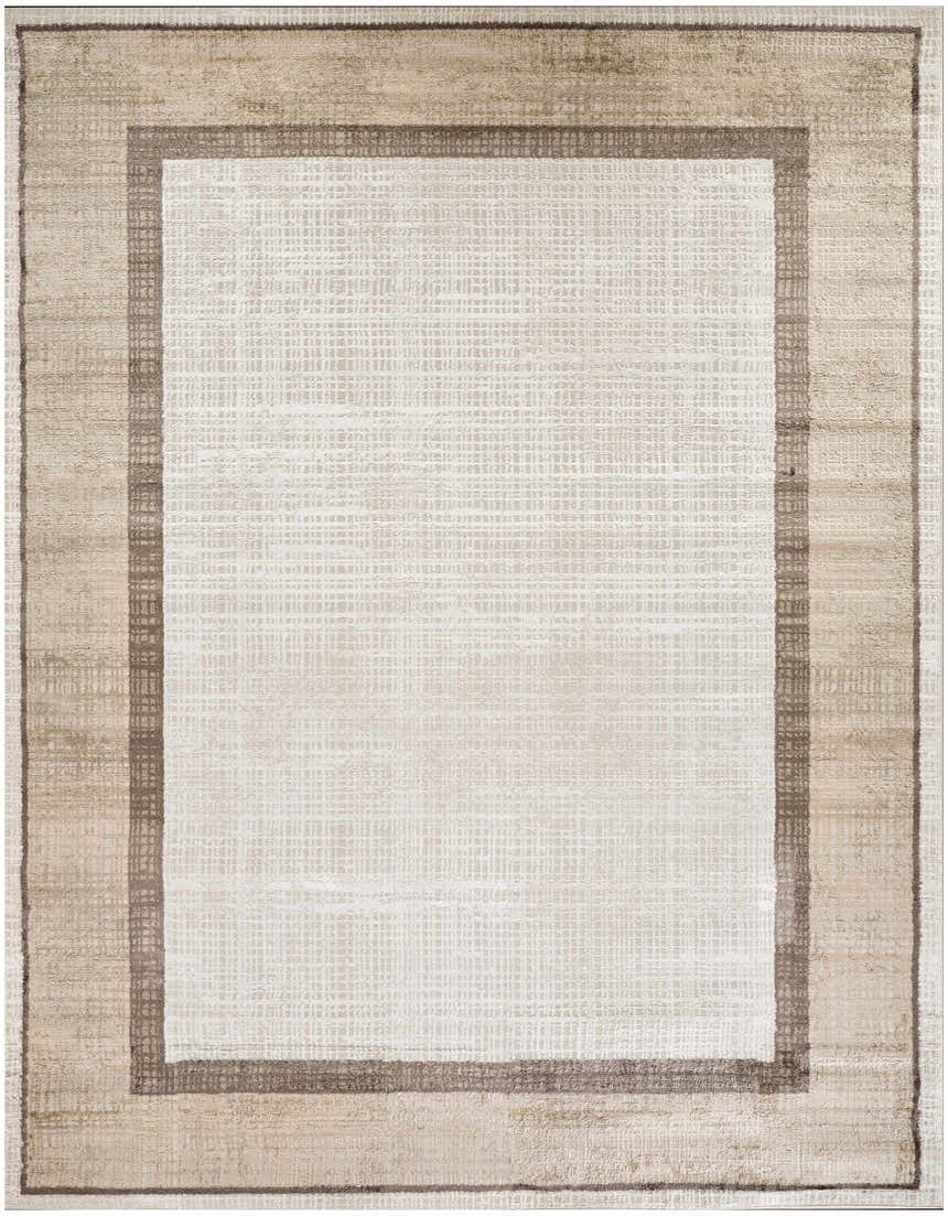 Close-up of Nourison Dekor Ivory Brown Rug. Modern rectangle rug with chestnut border and high pile texture.