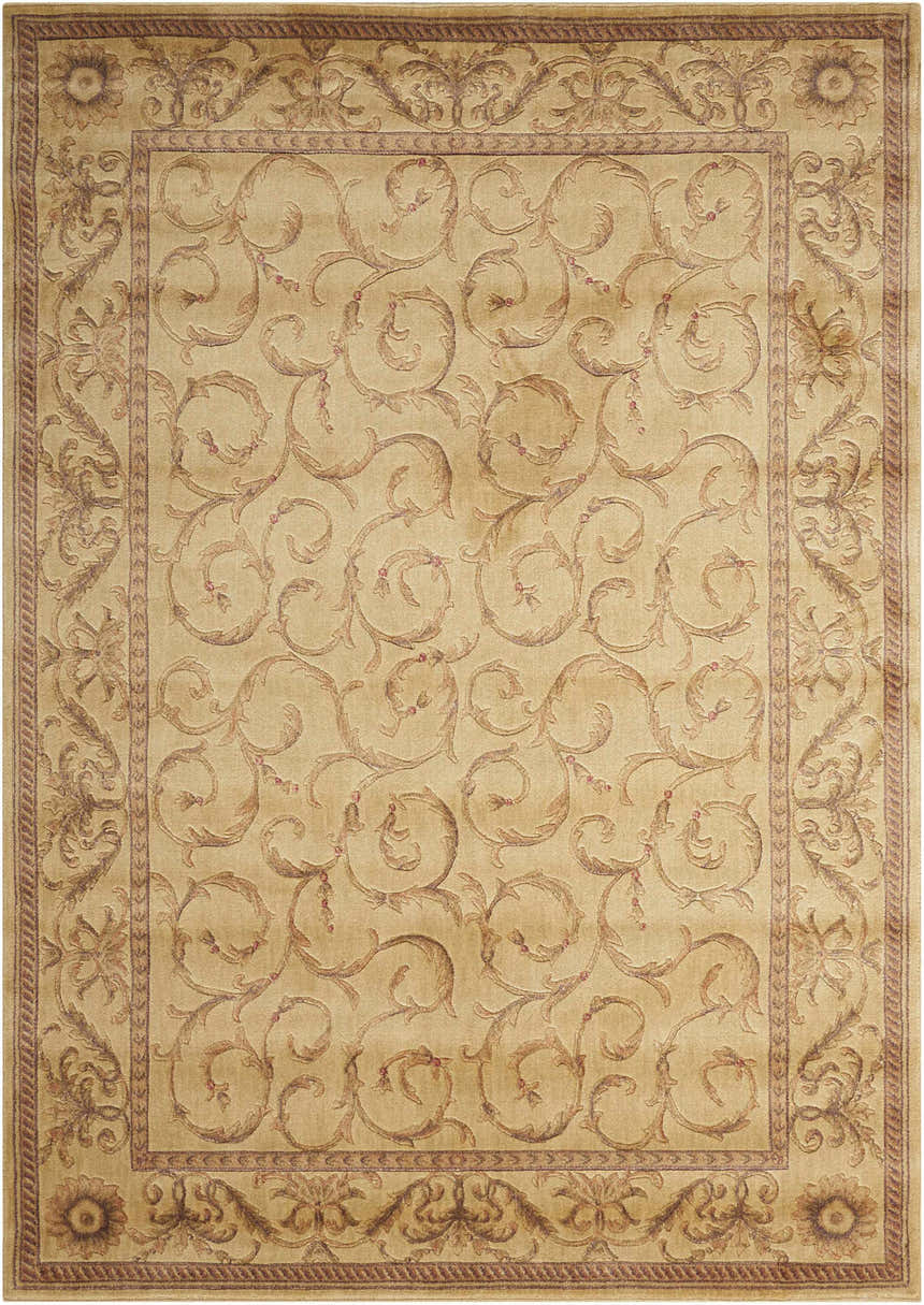 Close-up of the Nourison Somerset Ivory rug featuring a traditional floral and scroll pattern with chestnut accents.