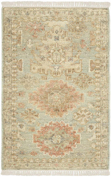 Handmade Nourison Heritage Vine Light Blue rug with vintage floral pattern and fringe. Wool texture in neutral tones.