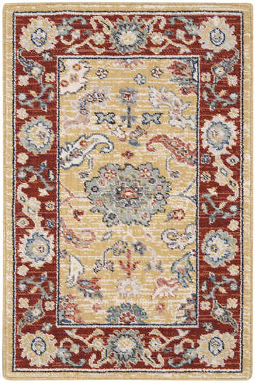 Close-up of Nourison Parisa Gold Brick rug. Traditional floral pattern in gold, red, blue, and cream. Wool and cotton texture.