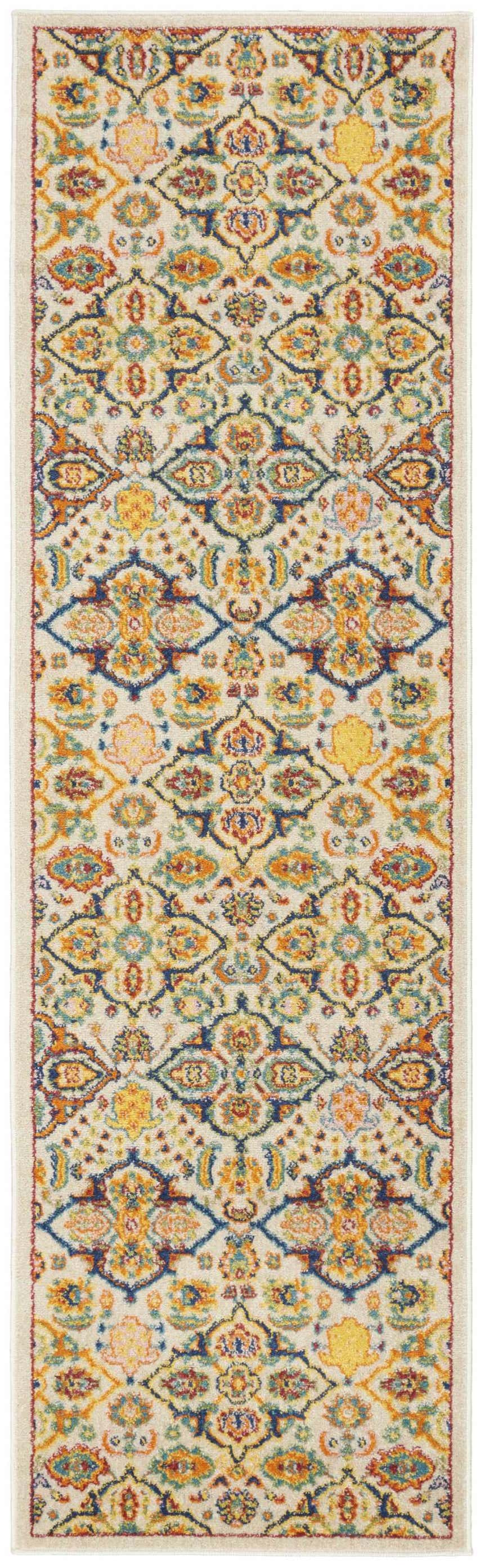 Close-up of the Nourison Allur Ivory Multicolor Bohemian Area Rug, featuring chestnut, blue, and yellow floral accents.