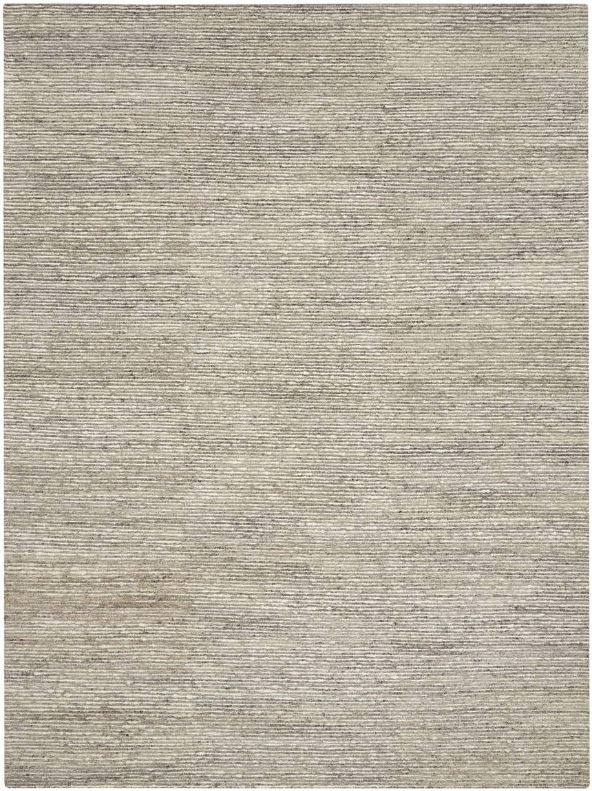 Close-up of the Calvin Klein Kathmandu Grey rug, showing its wool and jute texture and subtle horizontal stripe pattern.