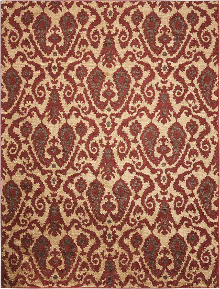 Close-up of the Nourison Kindred Ivory/Red Indoor Area Rug, featuring a detailed chestnut-colored, ornate, traditional pattern.