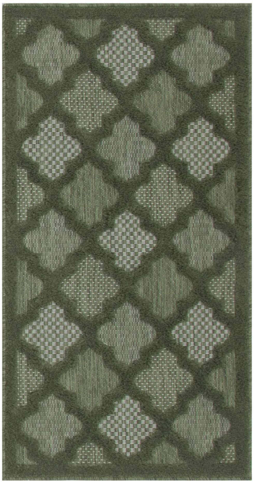 Close-up of the Nourison Easy Care Green Modern Area Rug, featuring a geometric quatrefoil pattern and textured weave.