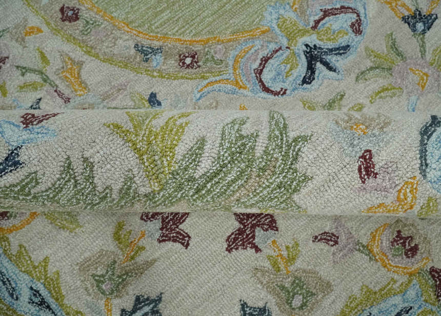 Ivory and Green Custom Made French Design Aubusson Hand Tufted Wool Area Rug