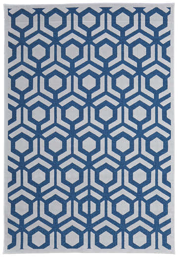 Feizy Saphir Mira rug close-up: blue geometric interlocking hexagonal grid pattern on white. Modern, machine-made rug. Design-Rectangle-912
