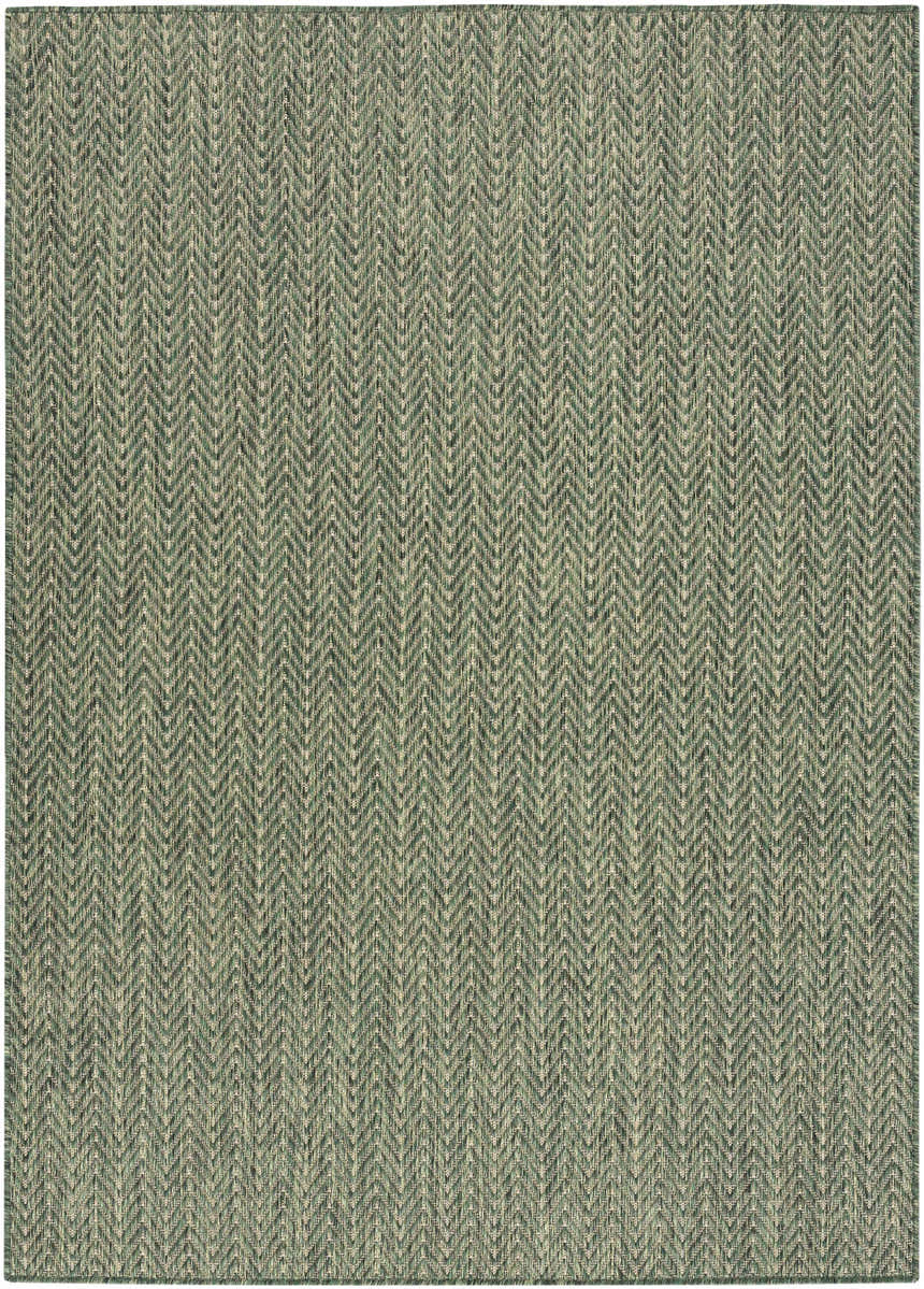 Close-up of Nourison Horizon Green Area Rug. Modern chevron pattern in shades of green and beige.