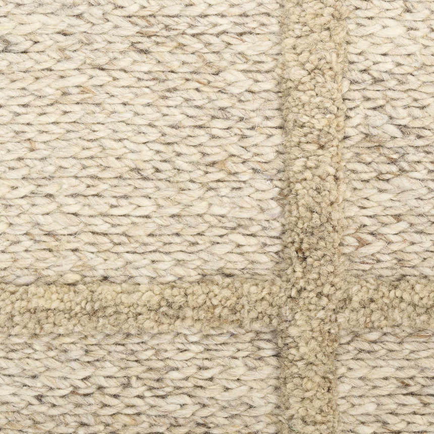 Close-up of the DKNY Pure Framework Camel rug showing the wool texture and handmade construction.