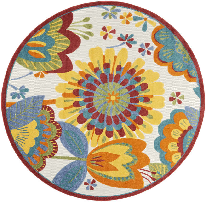 Round Nourison Aloha Multicolor rug with a red border and a floral pattern in yellow, blue, orange, and green.
