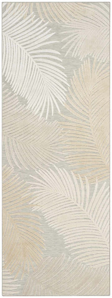 Close-up of Nourison Suncoast Grey Tropical Area Rug featuring a palm leaf pattern in gray, beige, and ivory.