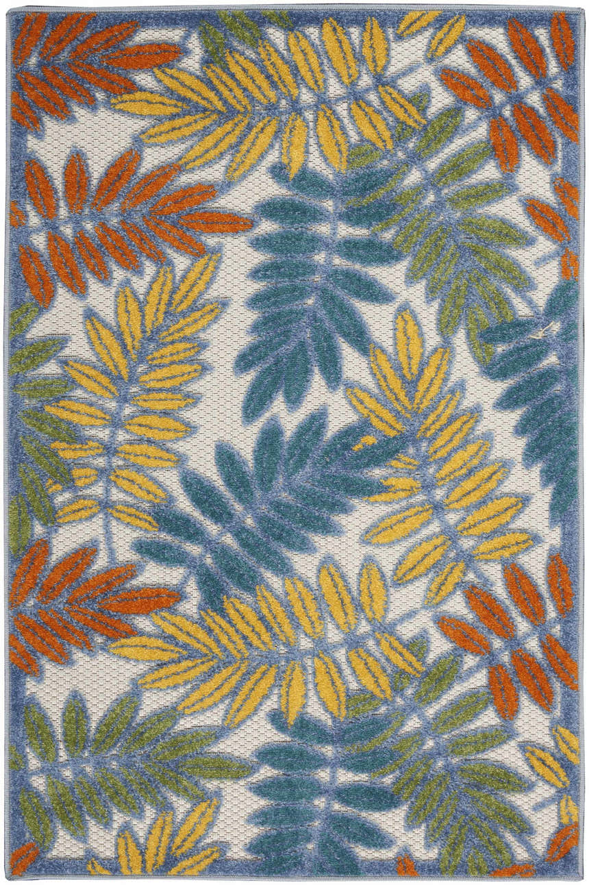 Close-up of the Nourison Aloha Ivory Multicolor Tropical Area Rug, featuring a colorful leaf pattern.