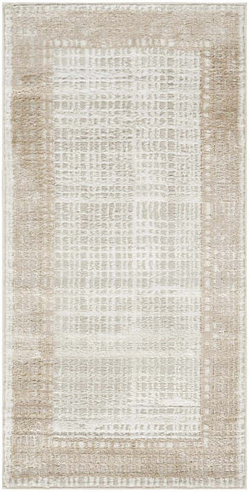 Close-up of the high-pile Nourison Dekor Ivory Beige rug with a chestnut border and mid-century modern design.
