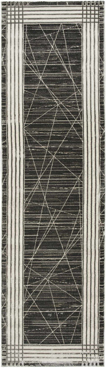 Close-up of Nourison Desire Charcoal Silver Rug, featuring a modern geometric design with stripes and intersecting lines.