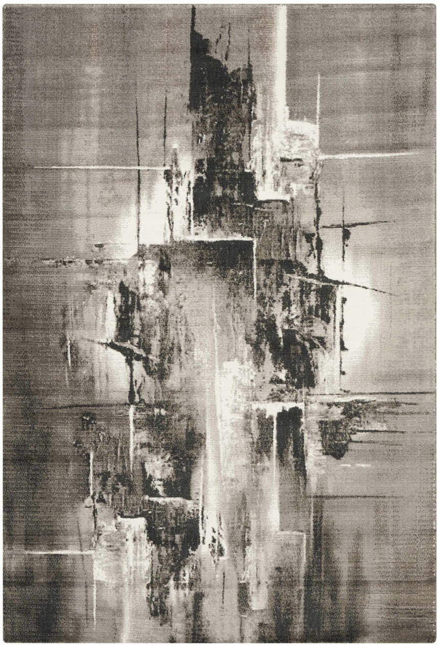 Close-up of Nourison Twilight Grey Ivory Black Rug. Abstract design in shades of grey, ivory, and black.