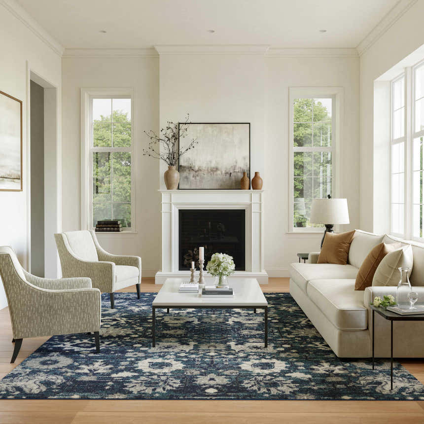 Living room with fireplace and Nourison Passion Surf rug in blue and ivory.