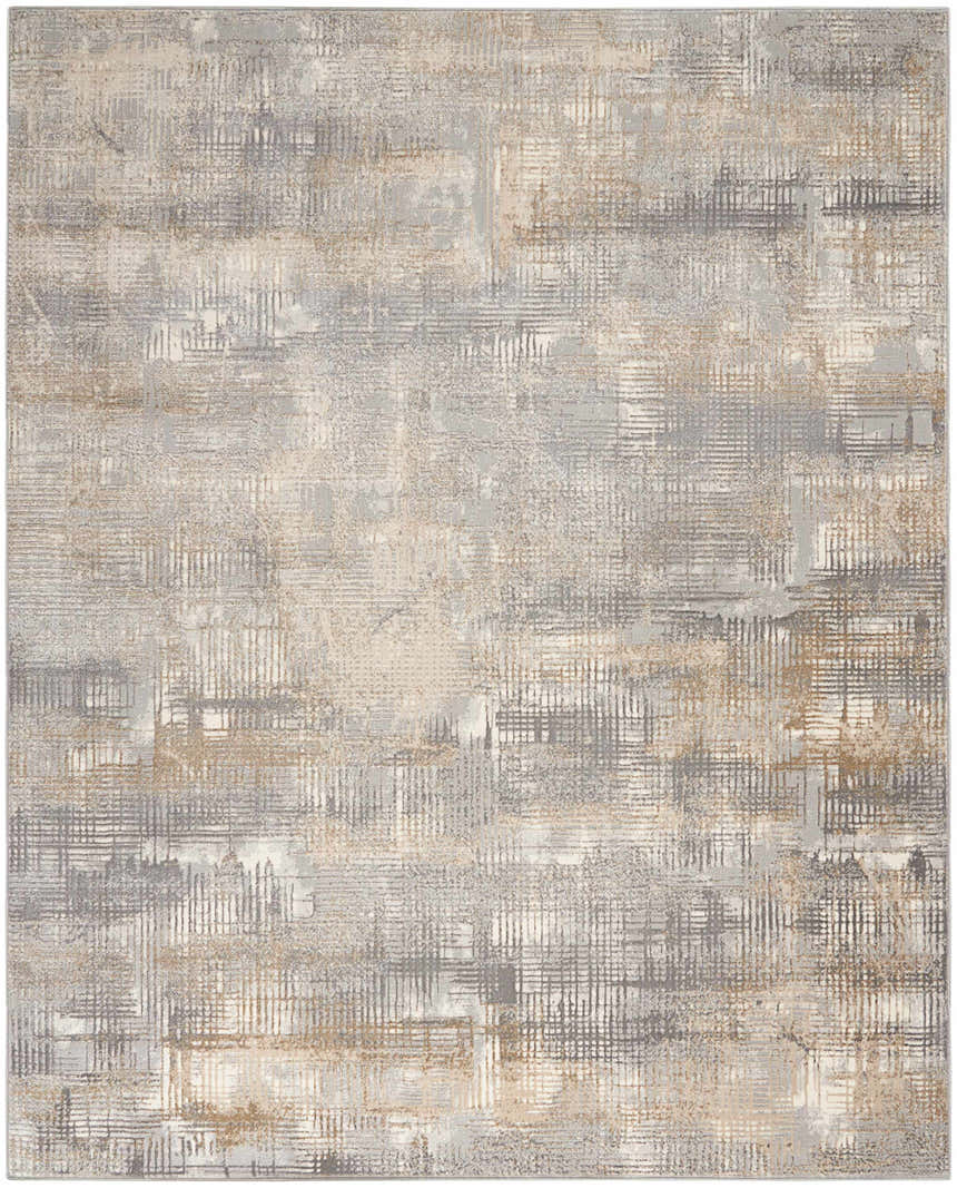 Close-up of the Calvin Klein CK950 Rush Grey Beige rug. Abstract design with gray, beige, and ivory hues. High pile texture.