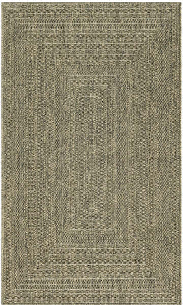 Close-up of the Nourison Tulum Olive Outdoor Area Rug, showing its textured weave and geometric border pattern.