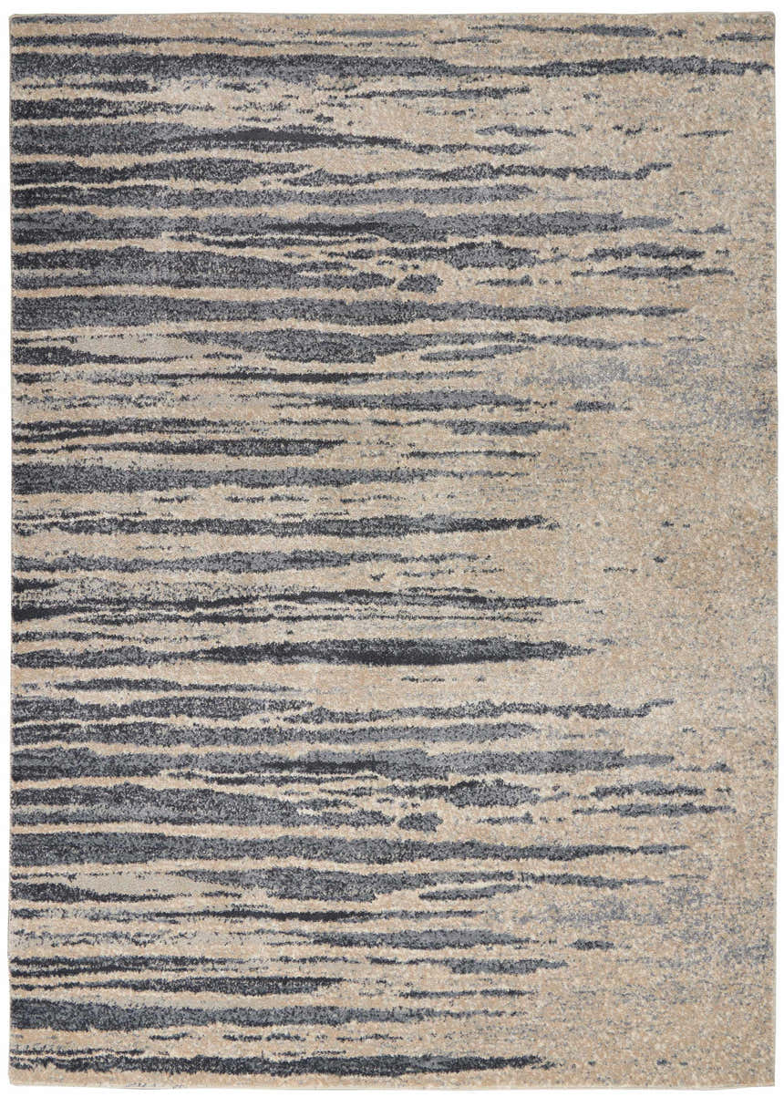 Close-up of Nourison Moroccan Celebration Blue Beige Rug featuring a modern abstract stripe pattern.