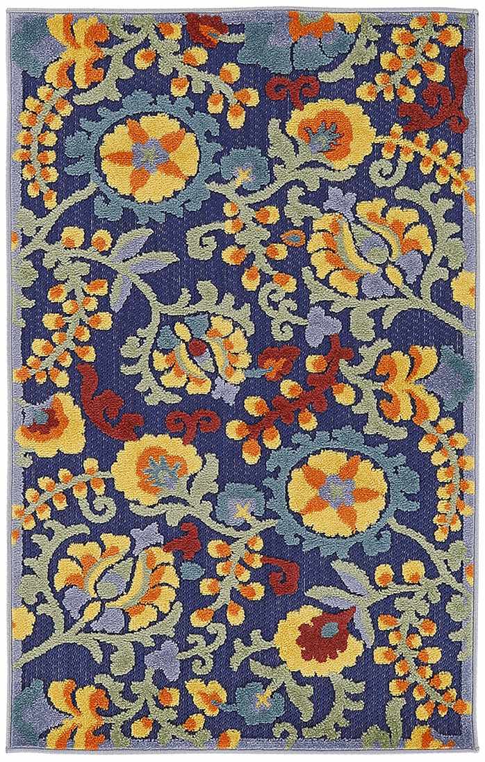 Close-up of the Nourison Aloha Navy Multicolor Outdoor Area Rug. Features a floral pattern with yellow, red, and green accents.