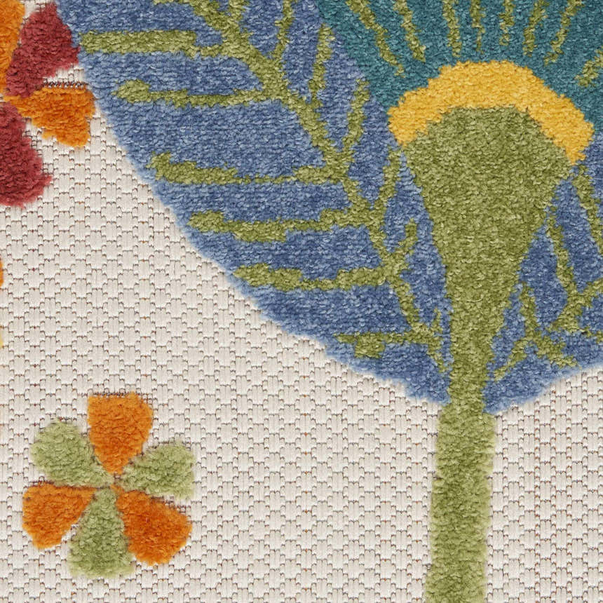 Close-up of the Nourison Aloha Multicolor Contemporary Area Rug featuring a floral design with blue, green, orange, and red hues.