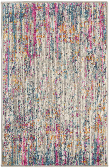 Close-up of Nourison Passion Ivory Multicolor rug featuring a modern abstract design with pink, blue, and orange accents.