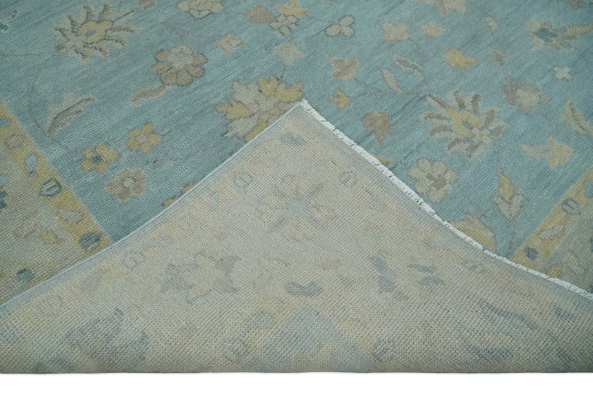 Made to Order Aqua, Beige and Ivory Hand Knotted Floral Oushak Wool Rug