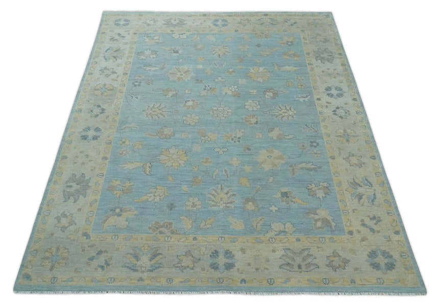 Made to Order Aqua, Beige and Ivory Hand Knotted Floral Oushak Wool Rug