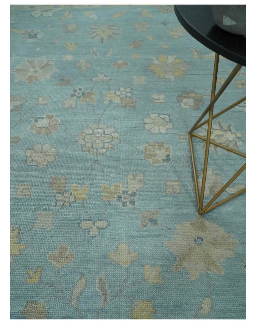 Made to Order Aqua, Beige and Ivory Hand Knotted Floral Oushak Wool Rug