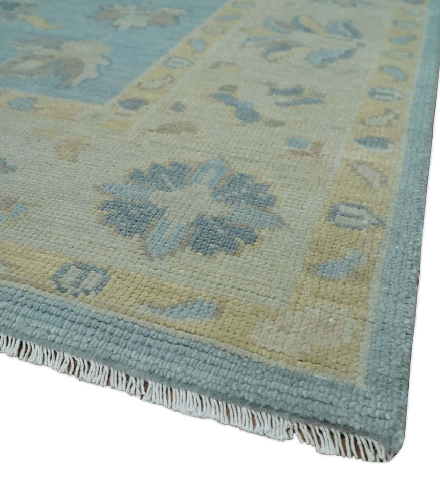 Made to Order Aqua, Beige and Ivory Hand Knotted Floral Oushak Wool Rug