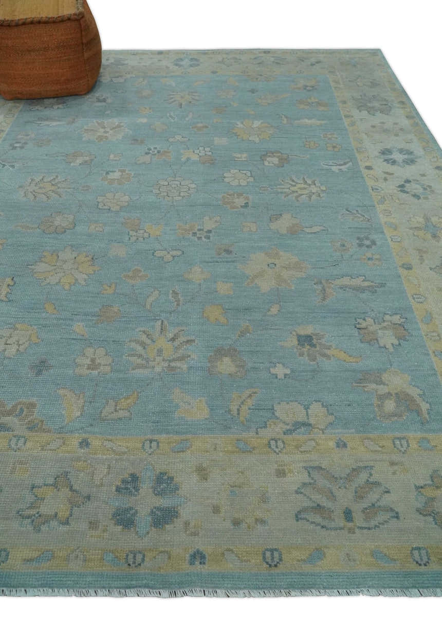 Made to Order Aqua, Beige and Ivory Hand Knotted Floral Oushak Wool Rug