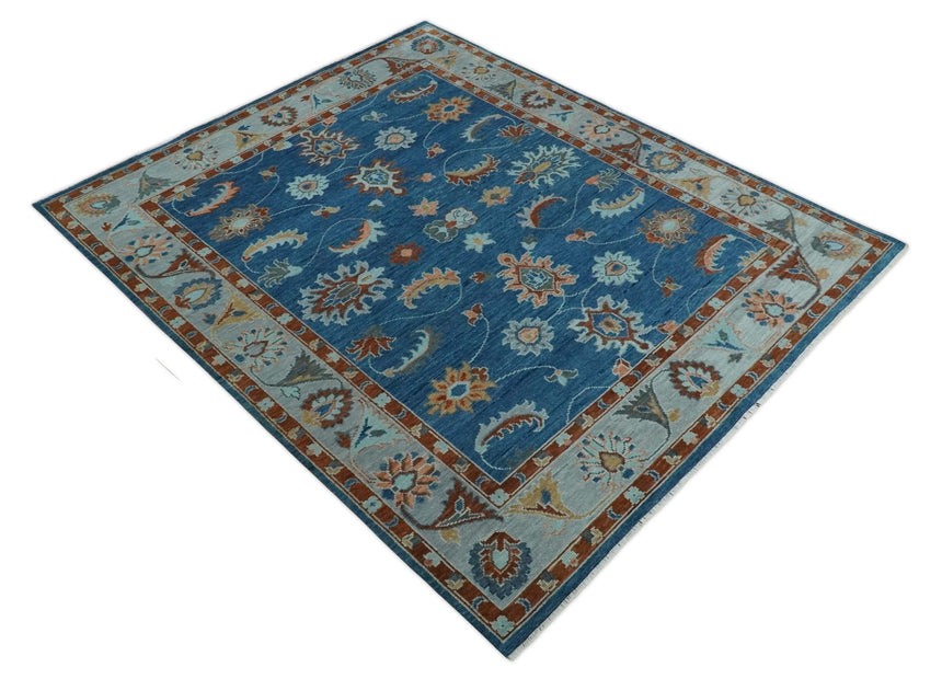 Blue, Rust and Aqua Hand Knotted Floral Multi Size Oushak Wool Area Rug