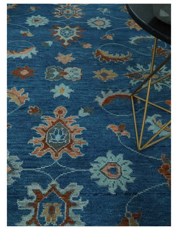 Blue, Rust and Aqua Hand Knotted Floral Multi Size Oushak Wool Area Rug