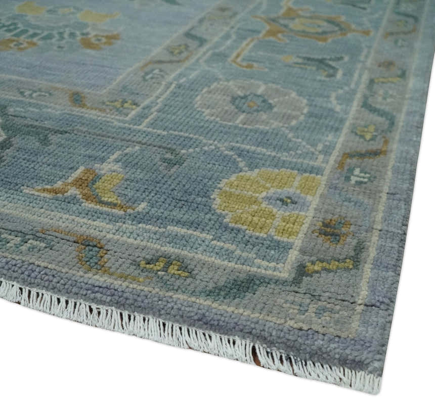 Multi Size Charcoal, Aqua and Silver Hand Knotted Oushak Wool Area Rug