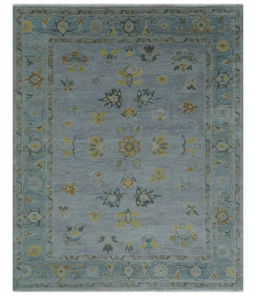 Multi Size Charcoal, Aqua and Silver Hand Knotted Oushak Wool Area Rug