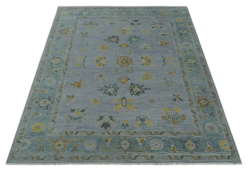 Multi Size Charcoal, Aqua and Silver Hand Knotted Oushak Wool Area Rug