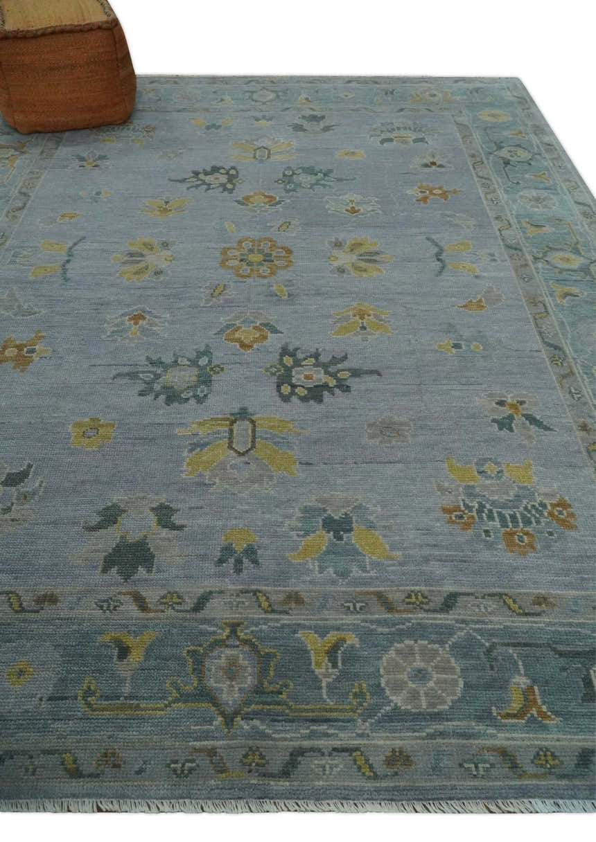 Multi Size Charcoal, Aqua and Silver Hand Knotted Oushak Wool Area Rug