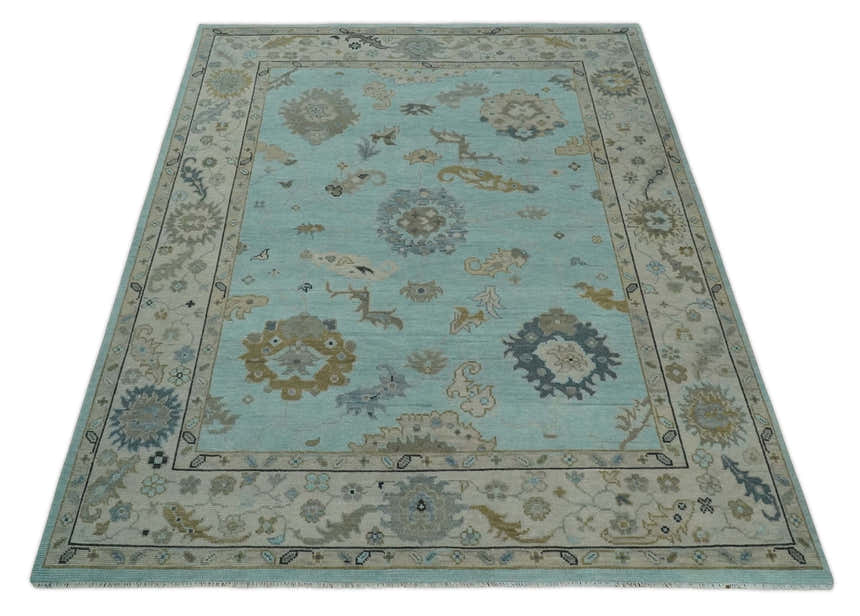 Hand Knotted Aqua, Beige and Ivory Traditional Oushak Wool Rug