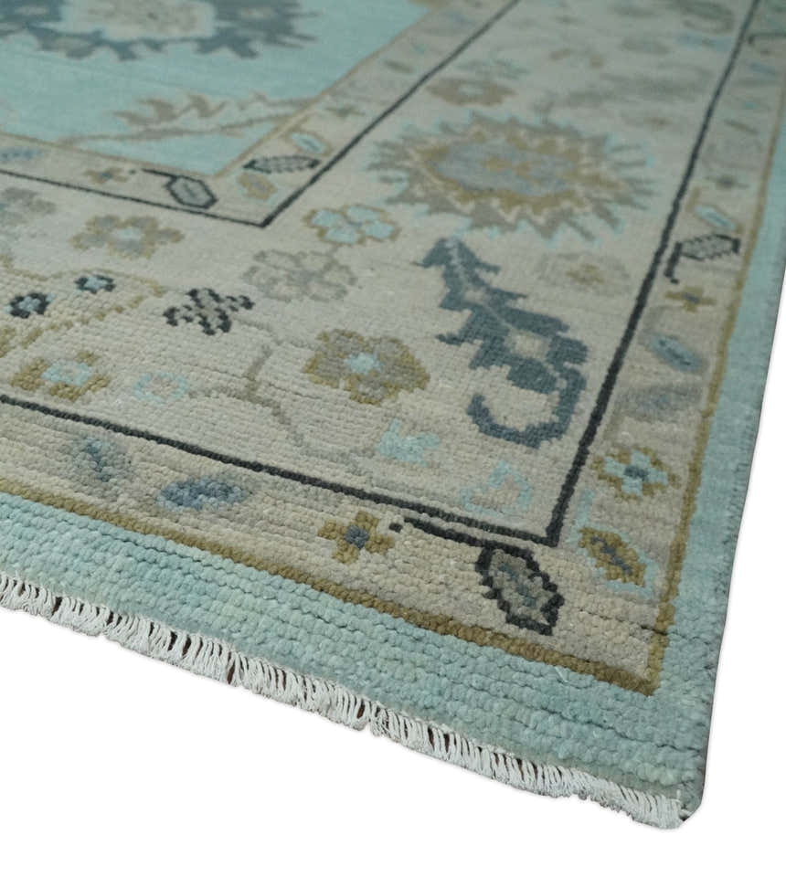 Hand Knotted Aqua, Beige and Ivory Traditional Oushak Wool Rug
