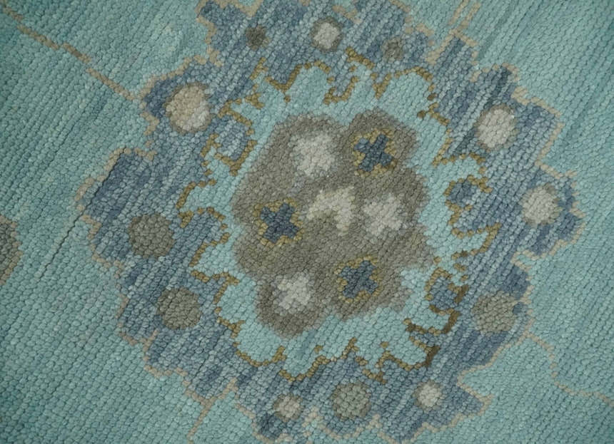 Hand Knotted Aqua, Beige and Ivory Traditional Oushak Wool Rug