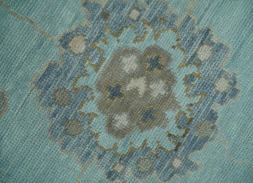 Hand Knotted Aqua, Beige and Ivory Traditional Oushak Wool Rug