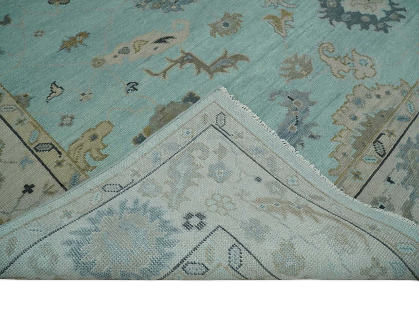Hand Knotted Aqua, Beige and Ivory Traditional Oushak Wool Rug
