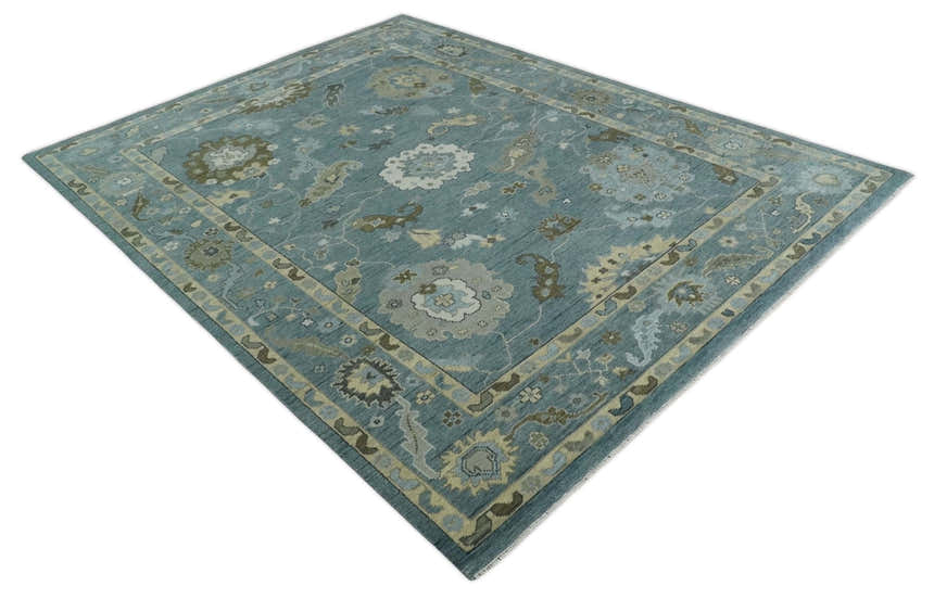 Multi Size Hand Knotted Blue and Beige Traditional Oushak Wool Rug