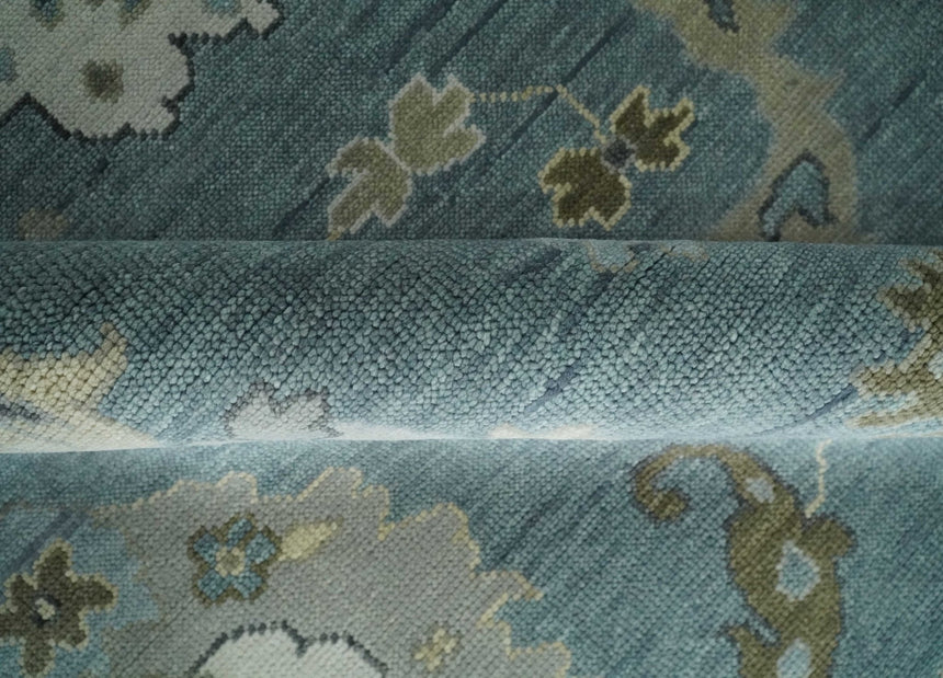 Multi Size Hand Knotted Blue and Beige Traditional Oushak Wool Rug